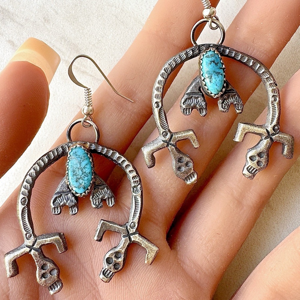 Navajo Naja Rainbow Man Earrings 2in Turquoise Sterling Squash Blossom Billah